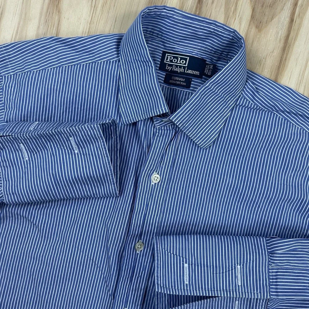 Vintage Polo Ralph Lauren Men's 15.5 34 Blue White Stripe Curham French Cuff